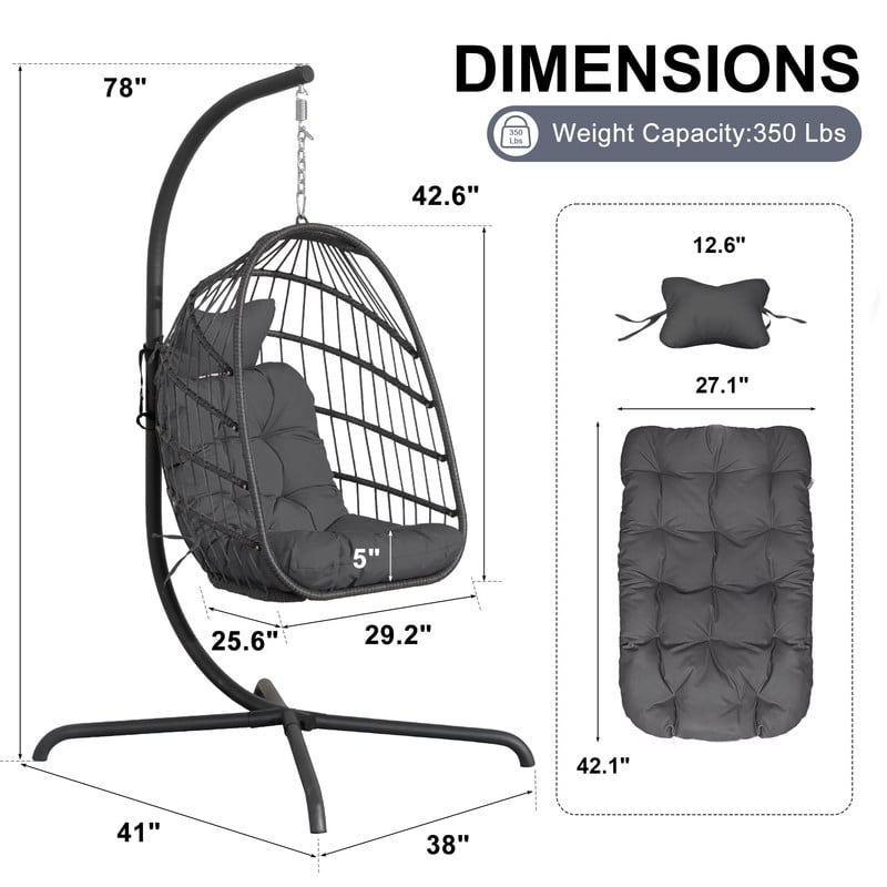 RADIATA Outdoor Foldable Hanging Egg Chair with Stand, PE Wicker Indoor Outdoor Swing Chair with 5" Cushion and Headrest, 350 lbs Capacity, Dark Gray