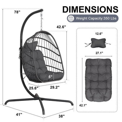RADIATA Outdoor Foldable Hanging Egg Chair with Stand, PE Wicker Indoor Outdoor Swing Chair with 5" Cushion and Headrest, 350 lbs Capacity, Dark Gray