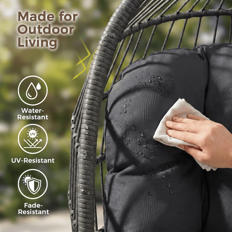 RADIATA Outdoor Foldable Hanging Egg Chair with Stand, PE Wicker Indoor Outdoor Swing Chair with 5" Cushion and Headrest, 350 lbs Capacity, Dark Gray