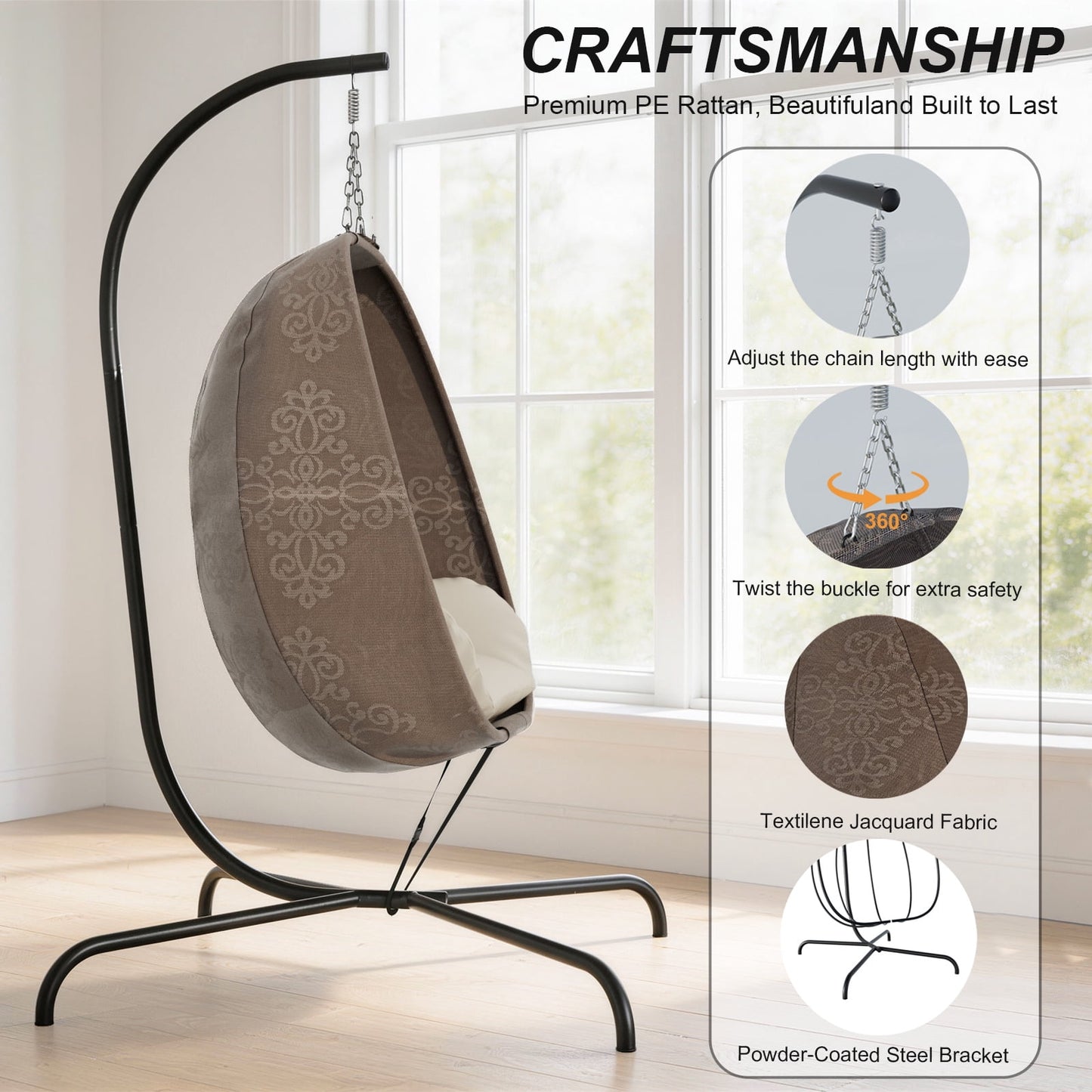 ALAULM Foldable Egg Chair with Stand, 485LBS Capacity Textilene Hammock Swing Chair for Outdoor & Indoor, Patio Hanging Chair with Strong Frame & UV Resistant Cushion for Balcony, Bedroom, Cream/D2