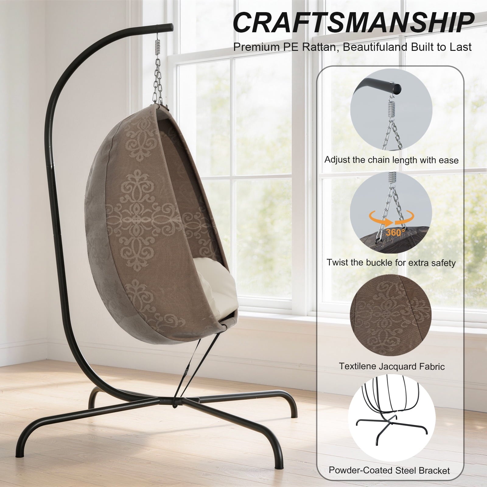 ALAULM Foldable Egg Chair with Stand, 485LBS Capacity Textilene Hammock Swing Chair for Outdoor & Indoor, Patio Hanging Chair with Strong Frame & UV Resistant Cushion for Balcony, Bedroom, Cream/D2