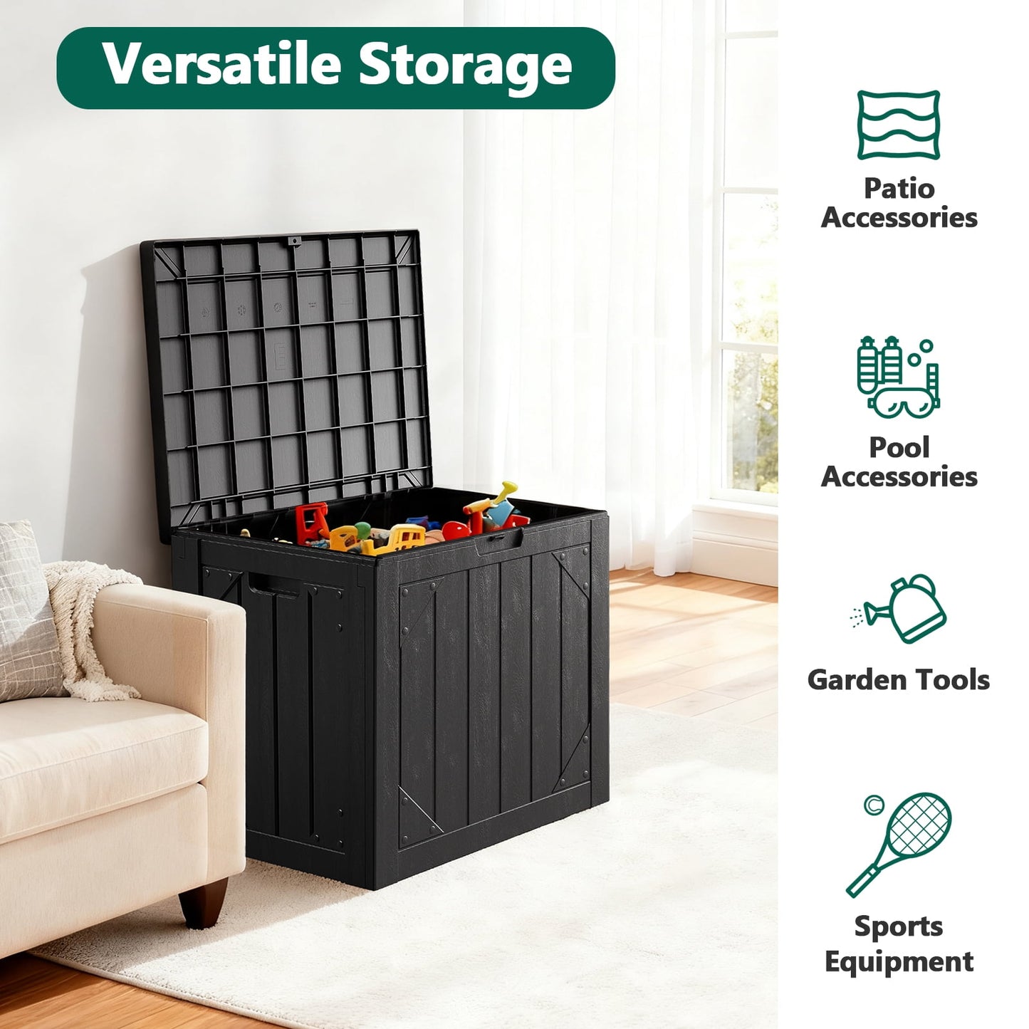 WASUHE 30 Gallon Resin Deck Box Waterproof Small Outdoor Storage Box for Patio Furniture Pool Accessories Indoor Storage for Cushion Garden Tools, UV Resistant, Lockable, Black
