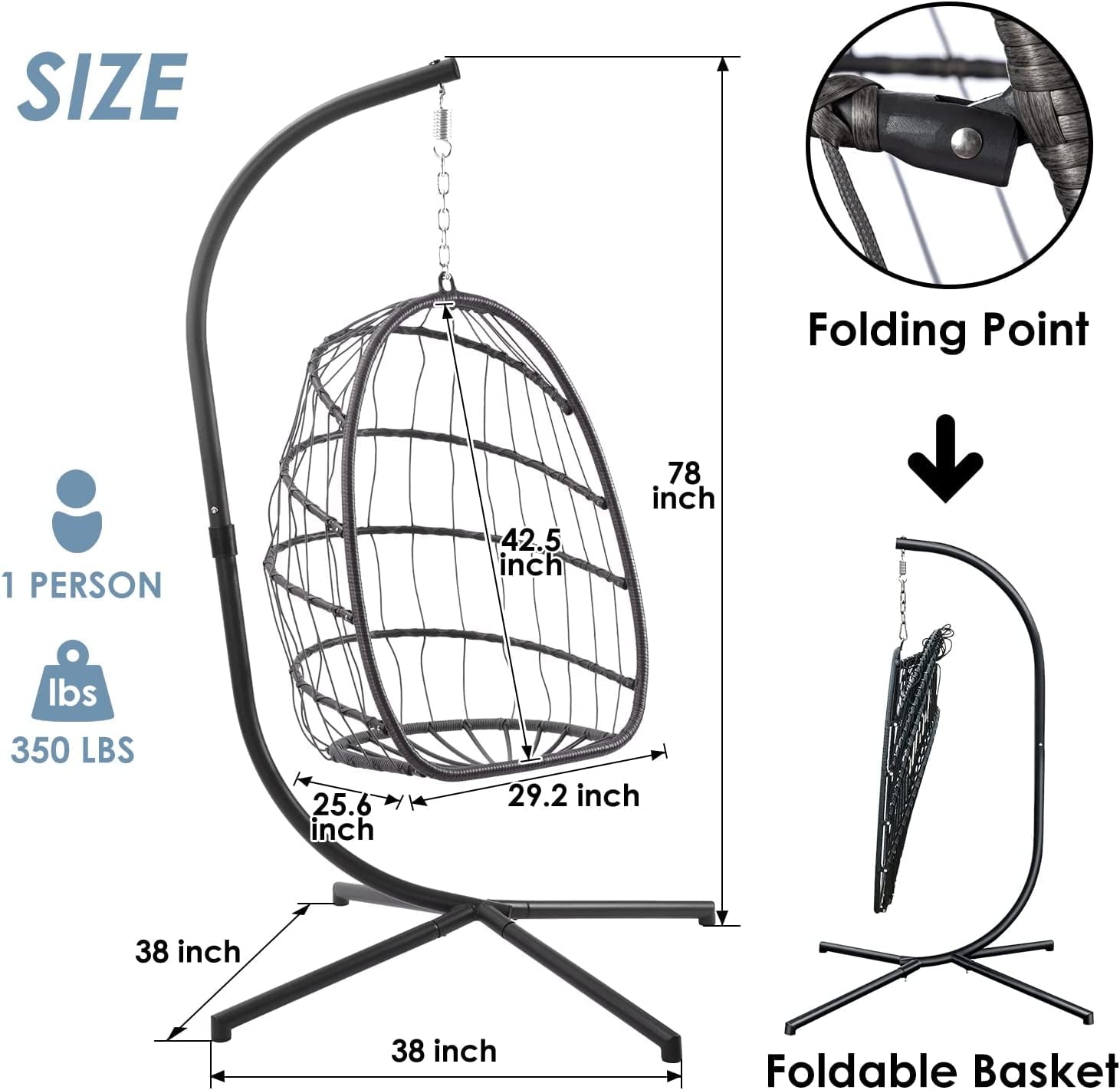 XIAO WEI Hanging Egg Chair with Stand, Indoor/Outdoor, 350 lbs Capacity, Charcoal Grey