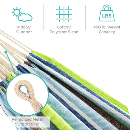 Best Choice Products 2-Person Brazilian-Style Cotton Double Hammock with Stand Set w/ Carrying Bag - Blue/Green Stripes