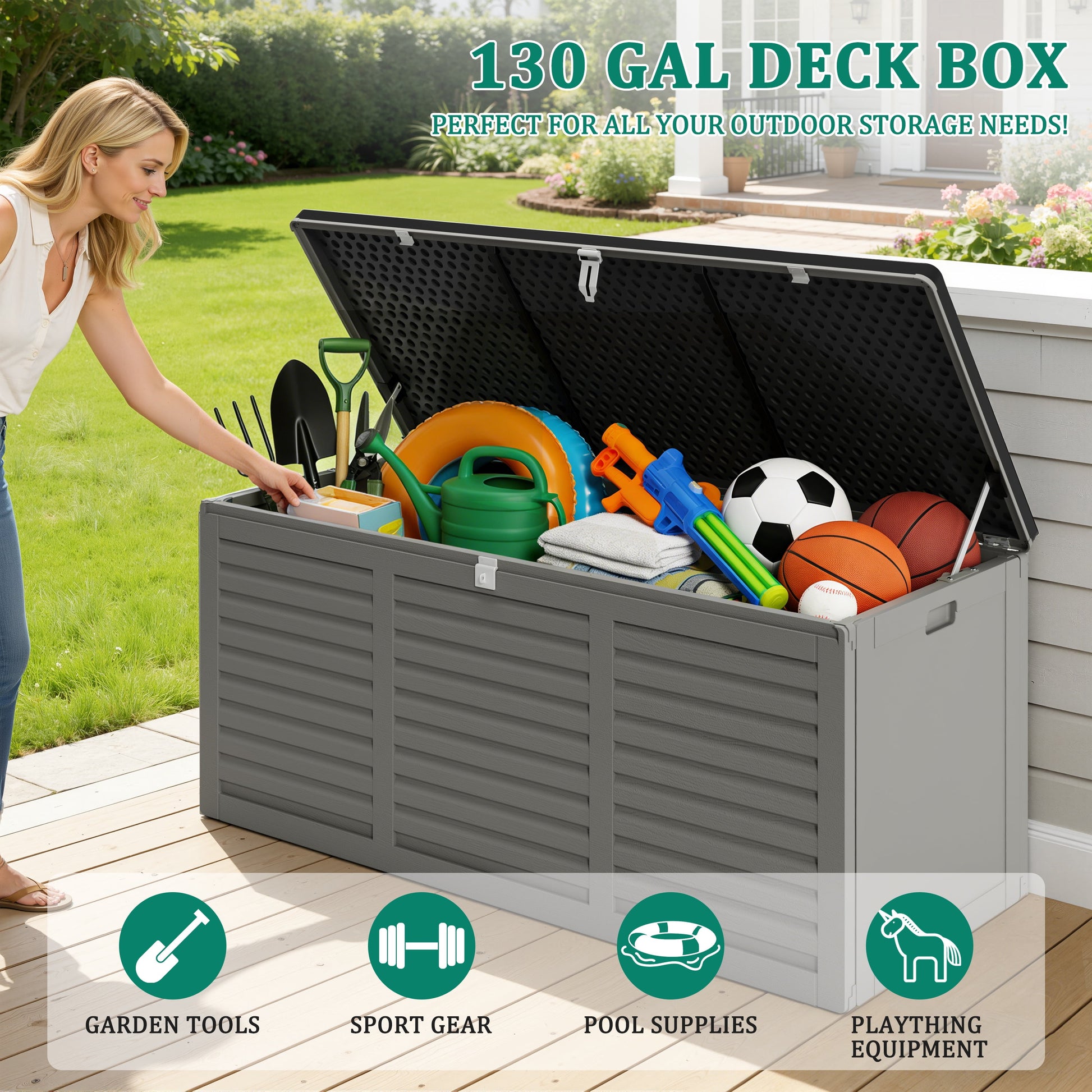 130 Gallon Resin Deck Box, Outdoor Lockable Storage Container for Patio Cushions, Garden Tools, Pool Supplies, Toys, Waterproof and UV Resistant, Reinforced Rib Design, Gray