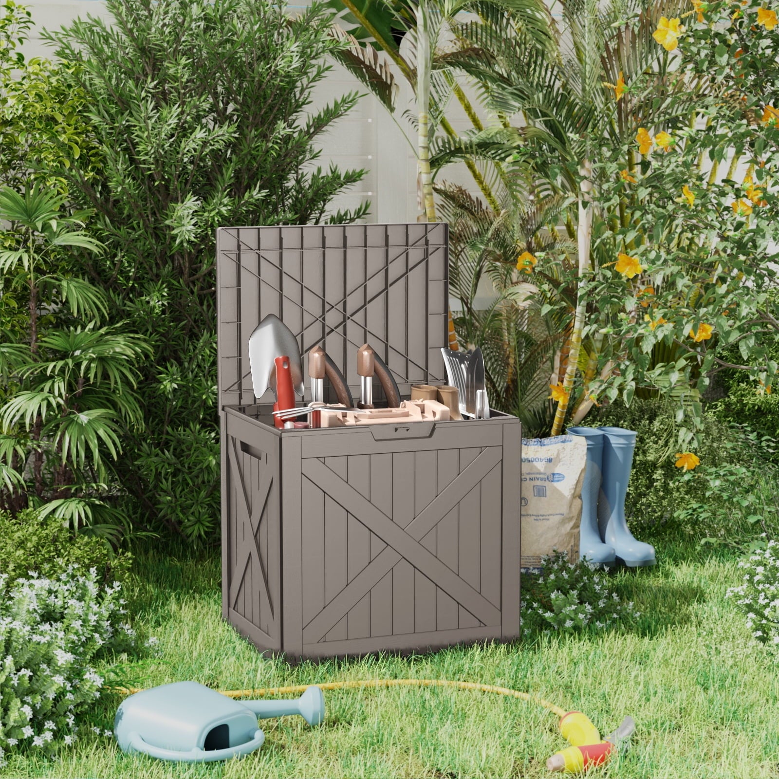 EasyUp 32 Gallon Resin Deck Box, Lockable Patio Outdoor Storage Box for Furniture, Garden Tools and Tools Storage, Waterproof Outside Storage Boxes