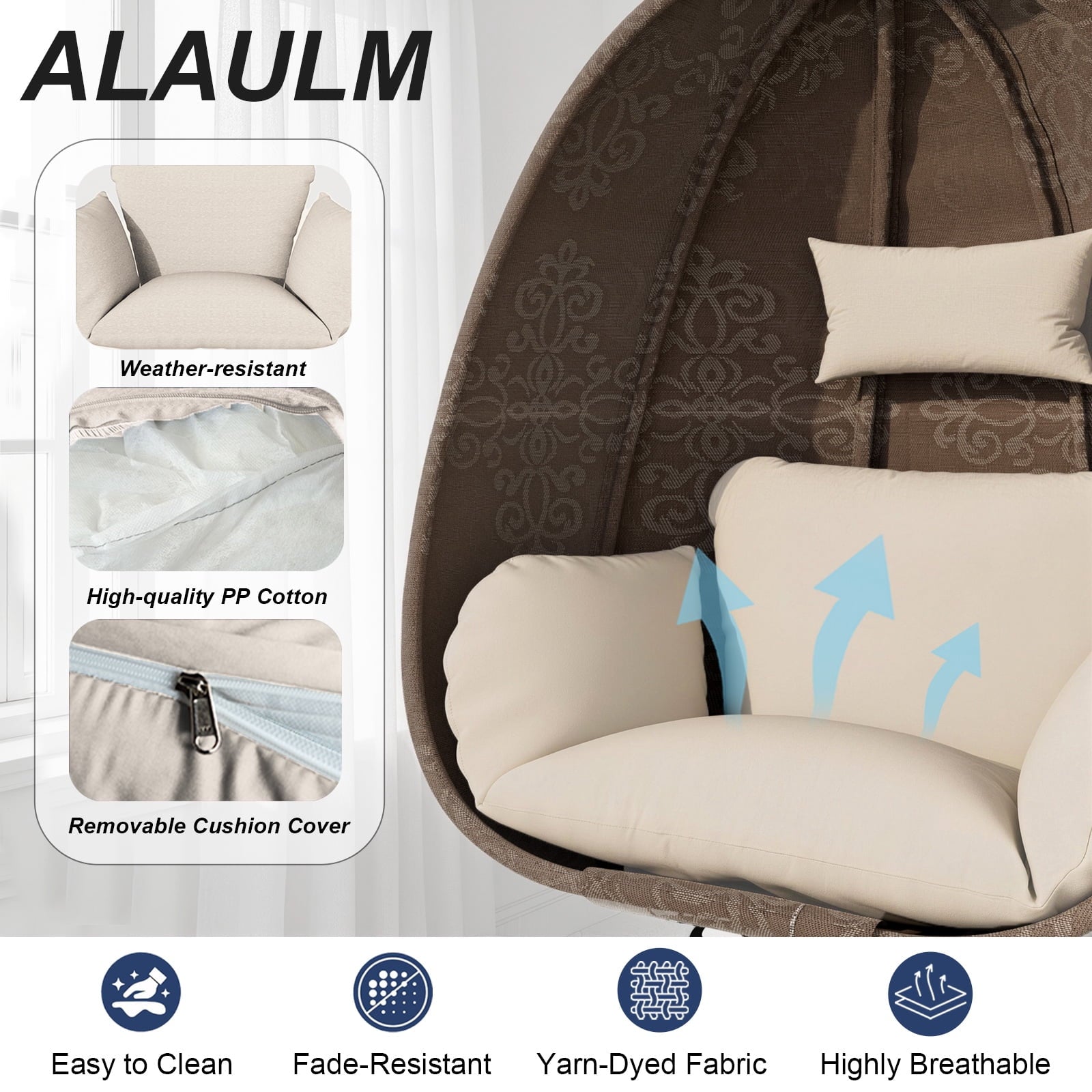 ALAULM Foldable Egg Chair with Stand, 485LBS Capacity Textilene Hammock Swing Chair for Outdoor & Indoor, Patio Hanging Chair with Strong Frame & UV Resistant Cushion for Balcony, Bedroom, Cream/D2