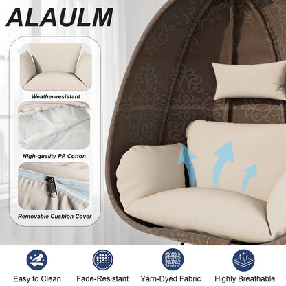 ALAULM Foldable Egg Chair with Stand, 485LBS Capacity Textilene Hammock Swing Chair for Outdoor & Indoor, Patio Hanging Chair with Strong Frame & UV Resistant Cushion for Balcony, Bedroom, Cream/D2