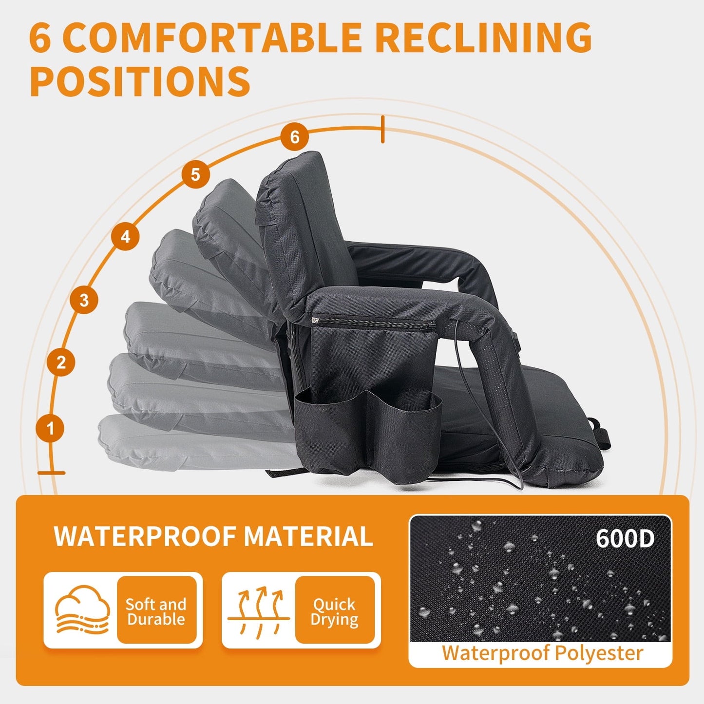 SUNYRISY 21-inch Heated Massage Stadium Seat, Folding Grandstand Chair, 3-Level Heating and Massage, 6 Reclining Angles, Suitable for Outdoor Camping, Sports and Exercise