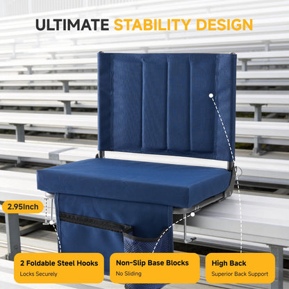 CONCETTA Stadium Seats with Back Support, 350 LBS Weight Capacity Thick Padded Bleacher Chair with Cup Holder, Storage Pocket, Padded Shoulder Strap & Built-in Handle for Sports Events, Navy Blue