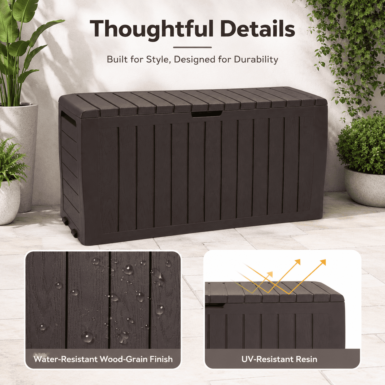 75GAL Outdoor Storage Box, Seizeen Deck Box for Outside, Storage Bench w/Wheels & Padlock, All-weather Waterproof Patio Storage Container for Cushions, as Seat Max 250LBS, Espresso