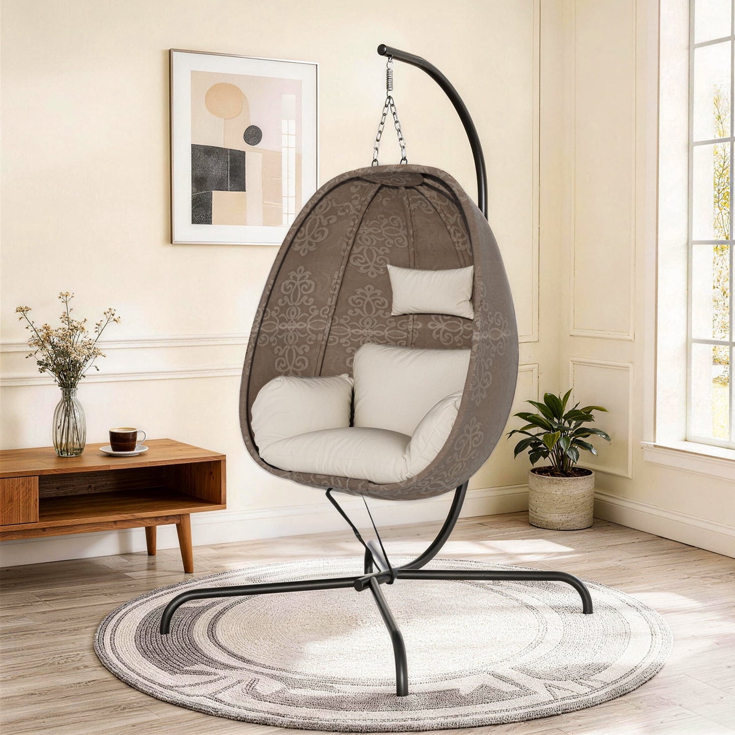 ALAULM Foldable Egg Chair with Stand, 485LBS Capacity Textilene Hammock Swing Chair for Outdoor & Indoor, Patio Hanging Chair with Strong Frame & UV Resistant Cushion for Balcony, Bedroom, Cream/D2