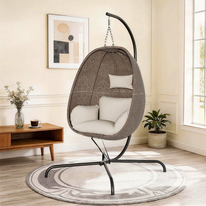 ALAULM Foldable Egg Chair with Stand, 485LBS Capacity Textilene Hammock Swing Chair for Outdoor & Indoor, Patio Hanging Chair with Strong Frame & UV Resistant Cushion for Balcony, Bedroom, Cream/D2