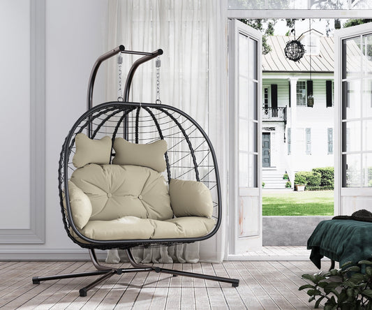 LHBcraft Double Wicker Swing Egg Chair Hammock Foldable Hanging Loveseat with Stand, UV Resistant Removable Cushions, 700LBS Capacity for Bedroom, Balcony (Black and Beige)