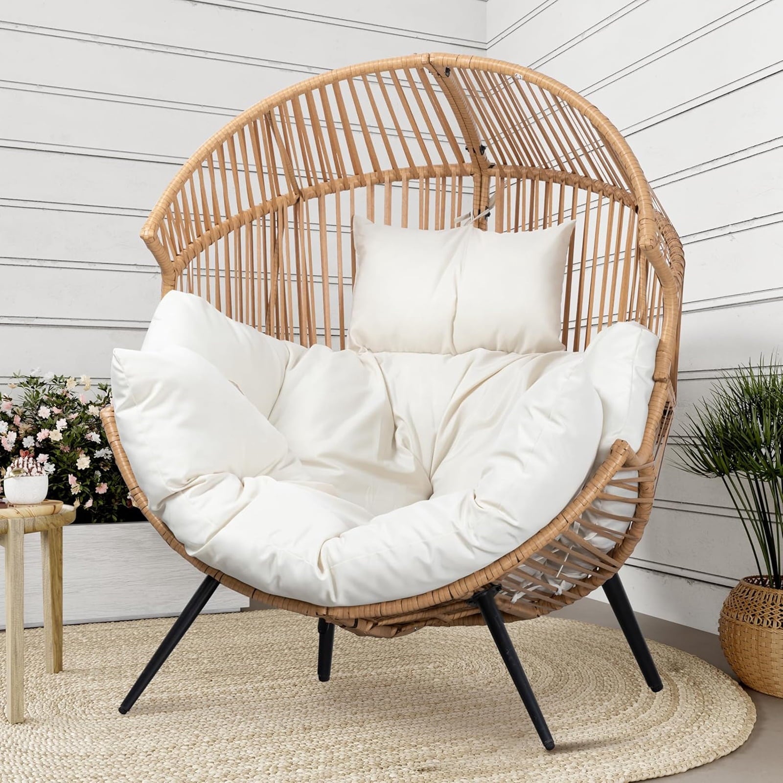 CazToi Indoor Outdoor Wicker Egg Chair, Oversized Lounge Rocker, Rattan Patio Lounge Chair with Pillow & Cushion