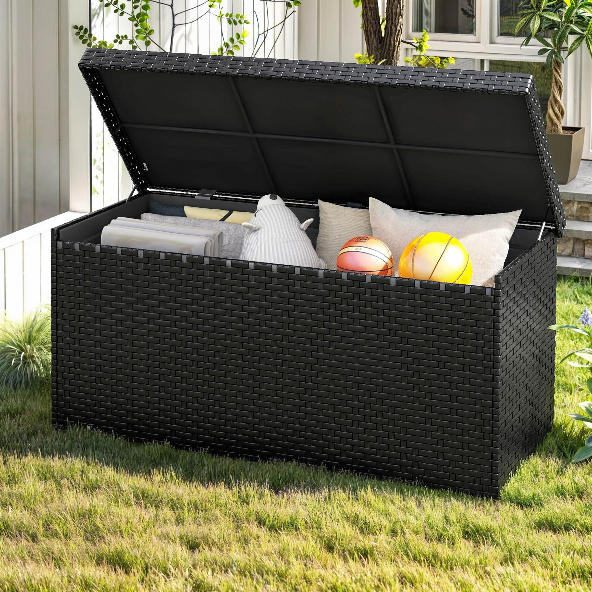 Craftian Outdoor 260 Gallon Waterproof Wicker Deck Box, Black