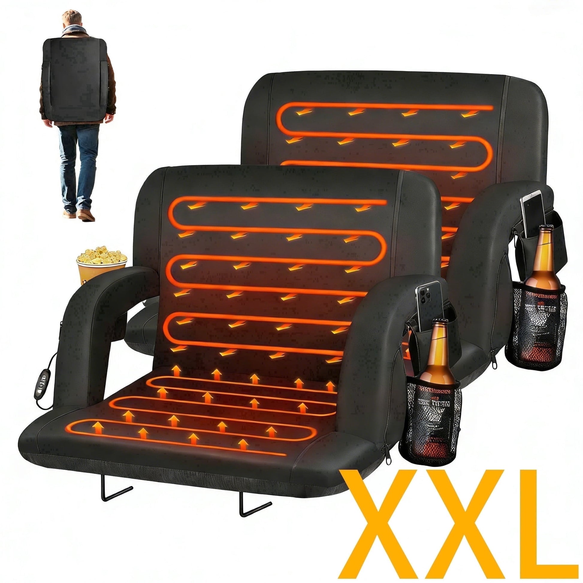 DKMOCO 2PCS 25in Extra Wide Dual Side Heated Stadium Seats for Bleachers with Back Support, Folding Bleacher Seat with Storage Pockets for Outdoor Camping Games Sports, Black(No Battery)