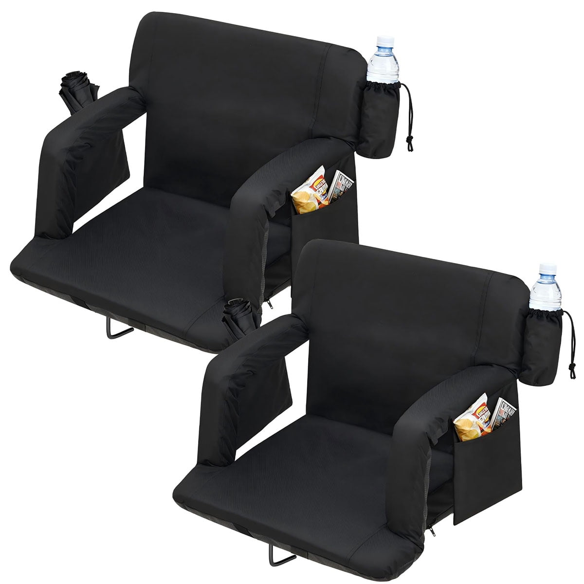 Danolapsi 2 Pack Wide Bleacher Seats with Back Support, 6-Position Reclining Stadium Chairs with Adjustable Armrests, Cup Holder & Pockets, Portable Folding Chairs for Sports, Concerts