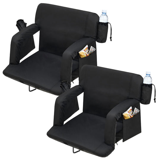 Danolapsi 2 Pack Wide Bleacher Seats with Back Support, 6-Position Reclining Stadium Chairs with Adjustable Armrests, Cup Holder & Pockets, Portable Folding Chairs for Sports, Concerts