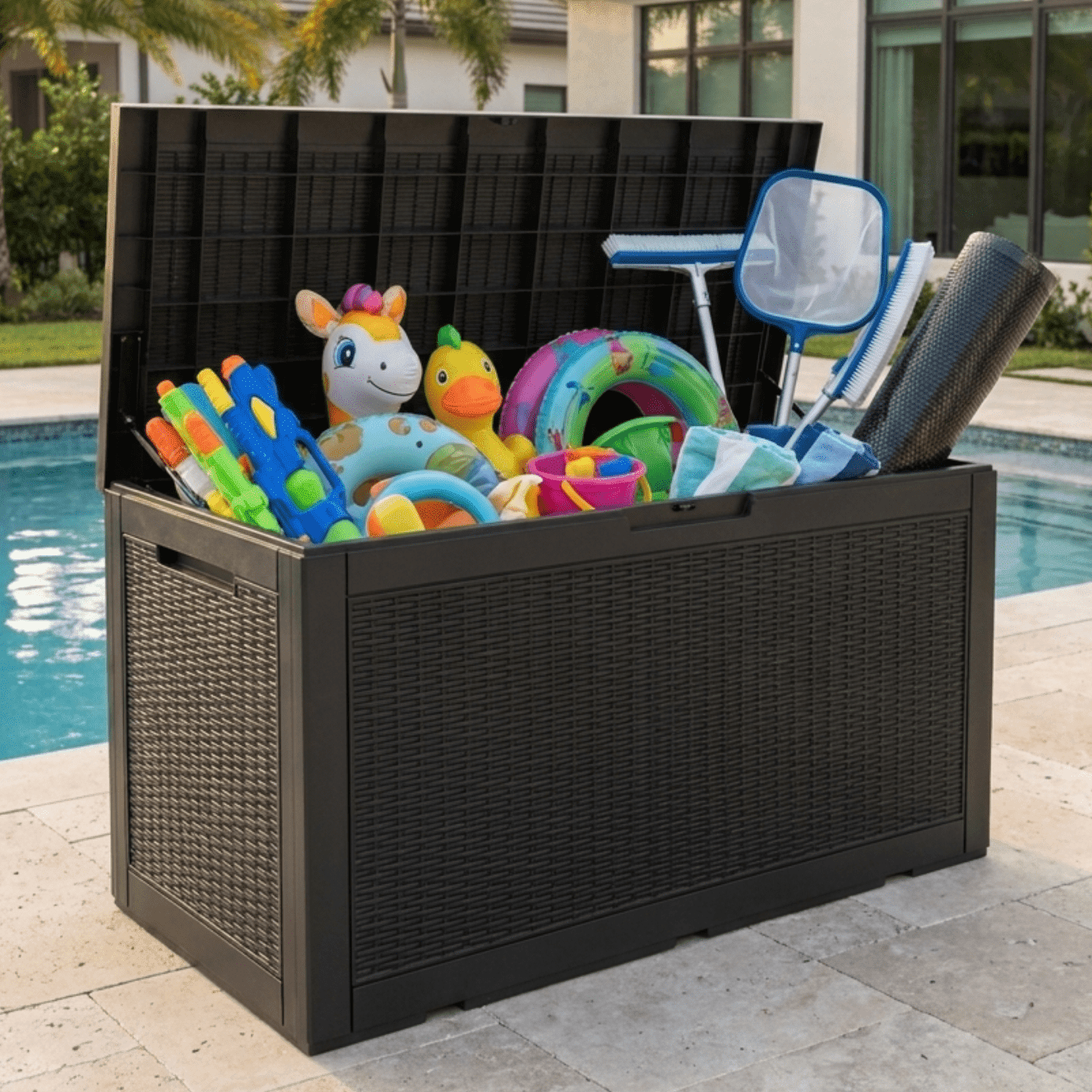 Decksplore 100 Gallon Lockable Resin Deck Box, Waterproof & Outdoor Storage Box for Outdoor Cushion Storage and Outdoor Delivery Storage, Black
