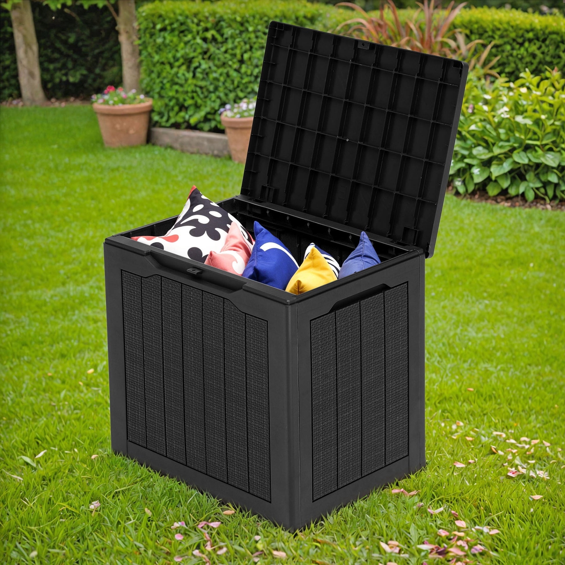 Dextrus 30 Gallon Rattan Resin Deck Box, Black Weather Resistant Lockable Outdoor Storage Box, Multipurpose Indoor Outdoor Container for Patio Cushions, Garden Tools and Daily Essentials