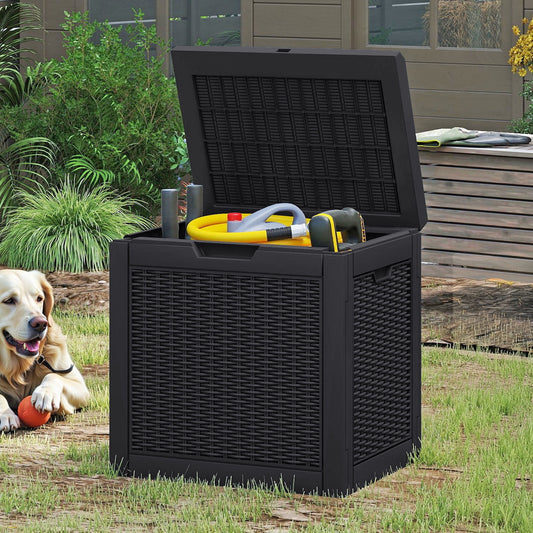 Dextrus 32 Gallon Resin Deck Box, Water Resistant Outdoor Storage Container, Lockable Multipurpose Organizer for Patio Cushions, Garden Tools & Indoor Outdoor Daily Supplies, Black