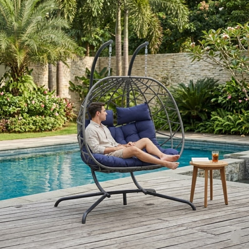 Double Swing Egg Chair with Stand, 2 Person Indoor Outdoor Wicker Loveseat, Oversized Patio Hanging Basket Chair with Cushions, Cozy Sturdy Porch Swing for Backyard