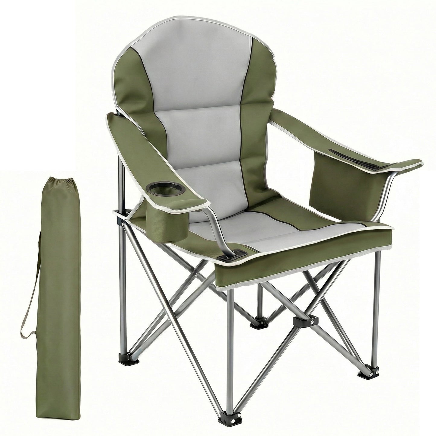 EDX Heavy Duty Camping Chair 500 lb Capacity, Oversized Extra Wide for Adults, Padded High Back Folding Lawn Chair, 500 lbs Steel Frame, Portable Outdoor Camping Chair with Cup Holder, Green