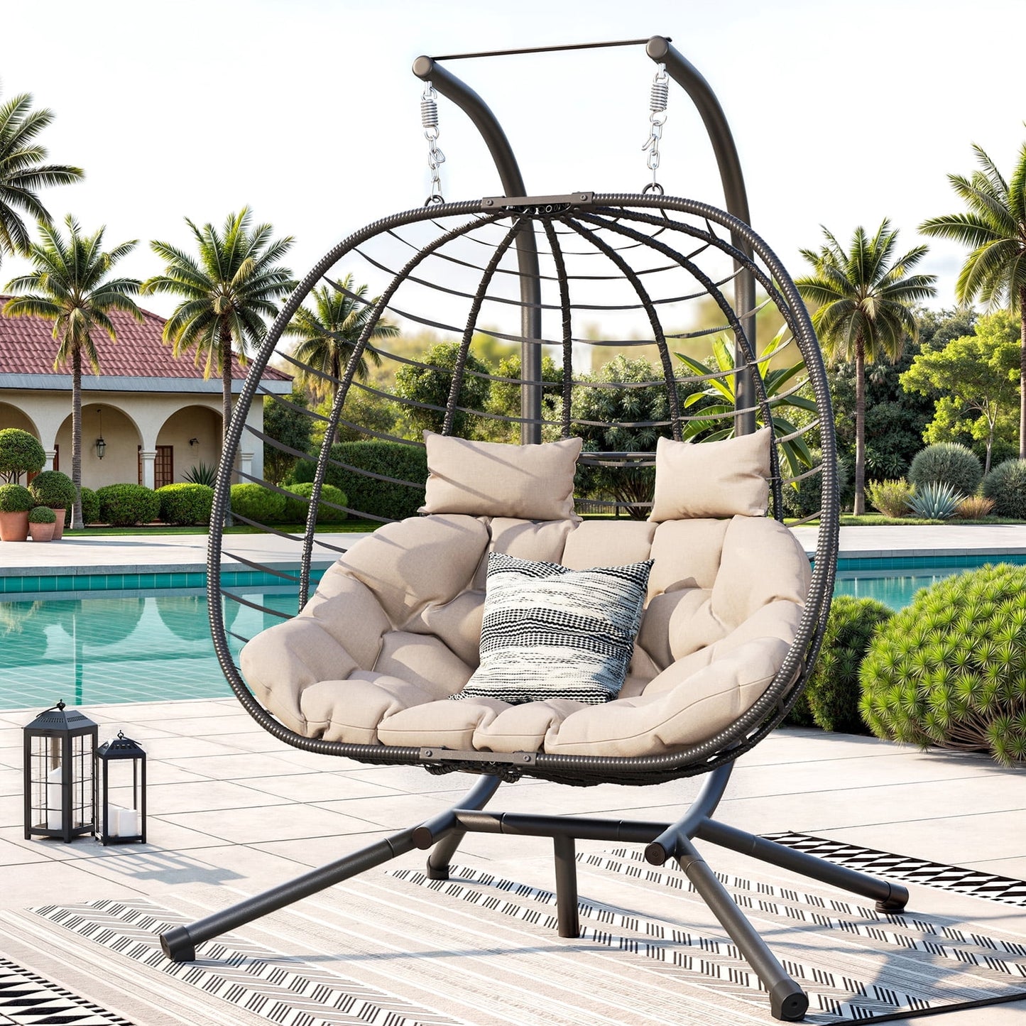 ELPOSUN Double Wicker Swing Egg Chair 2 Person Foldable Hanging Egg Chair with Stand, Porch Swing Loveseat for Patio, Balcony, Porch, Indoor, Outdoor, Black/Beige