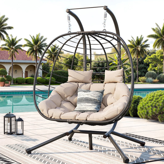 ELPOSUN Double Wicker Swing Egg Chair 2 Person Foldable Hanging Egg Chair with Stand, Porch Swing Loveseat for Patio, Balcony, Porch, Indoor, Outdoor, Black/Beige
