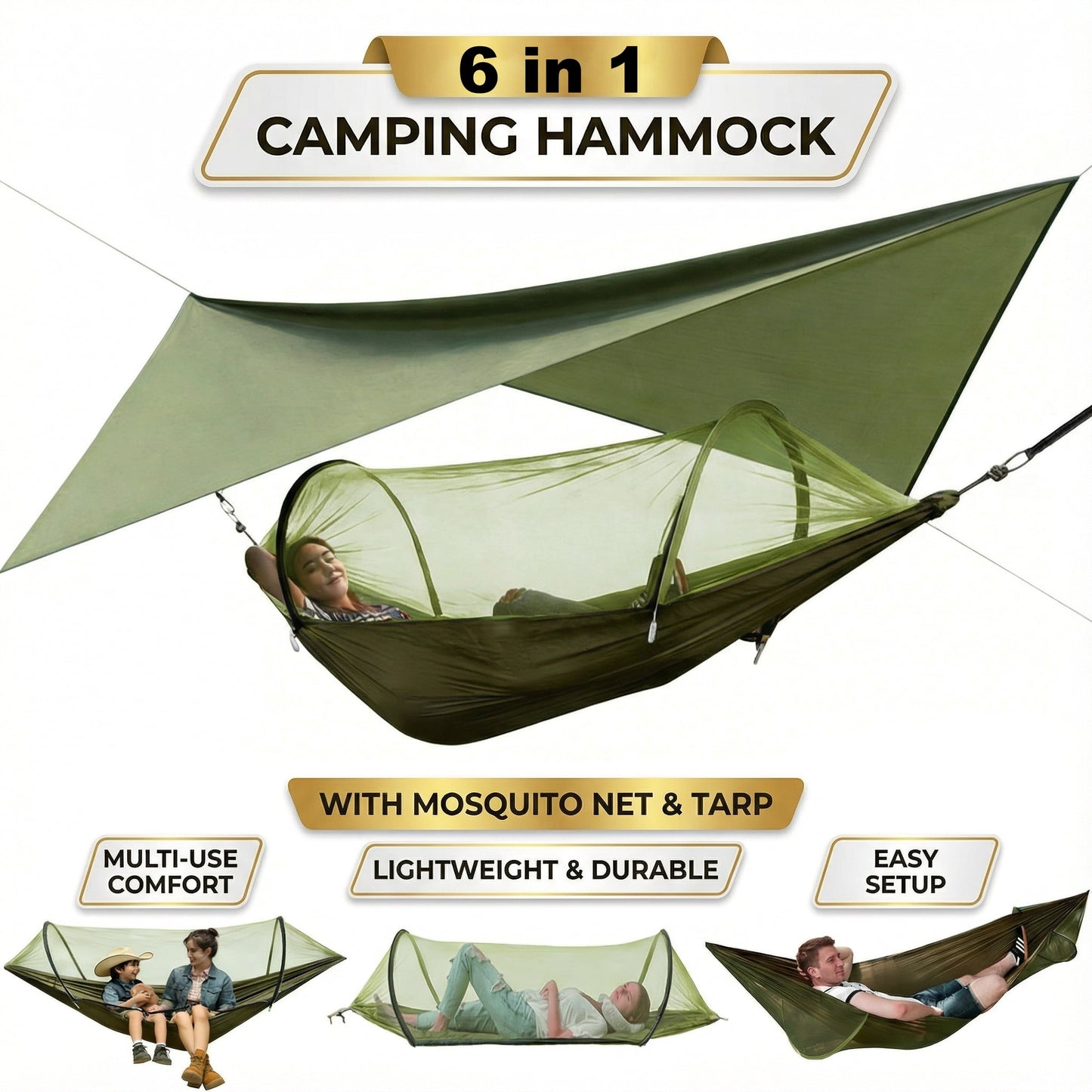 EZBY Camping Hammock with Net & Sunshade Tarp, 2 Person Portable Hammocks for Outside, 661lbs Max Load for Outdoor Camping Hiking Beach Park