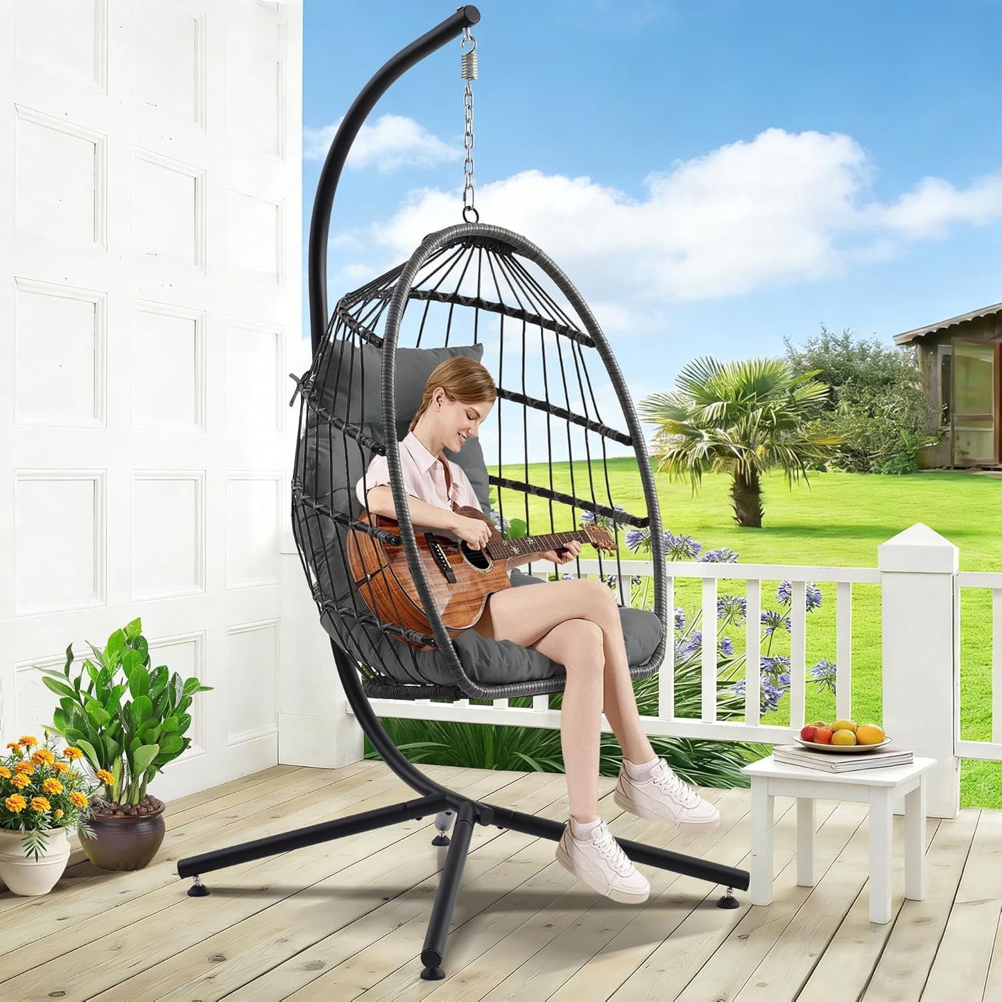 Egg Chair with Stand, Outdoor Hanging Swing Chairs, Indoor Hammock Egg Chair with Removable Cushion and Pillows, Patio Wicker Porch Swings 300LBS Capacity for Garden, Lawn (Grey, Single)