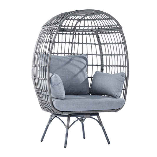 Emma + Oliver Gray/Gray Indoor/Outdoor Oversized Swivel Lounge Egg Chair with Wicker Rattan Construction and 4 Cushions for Patio, Sunroom, or Deck