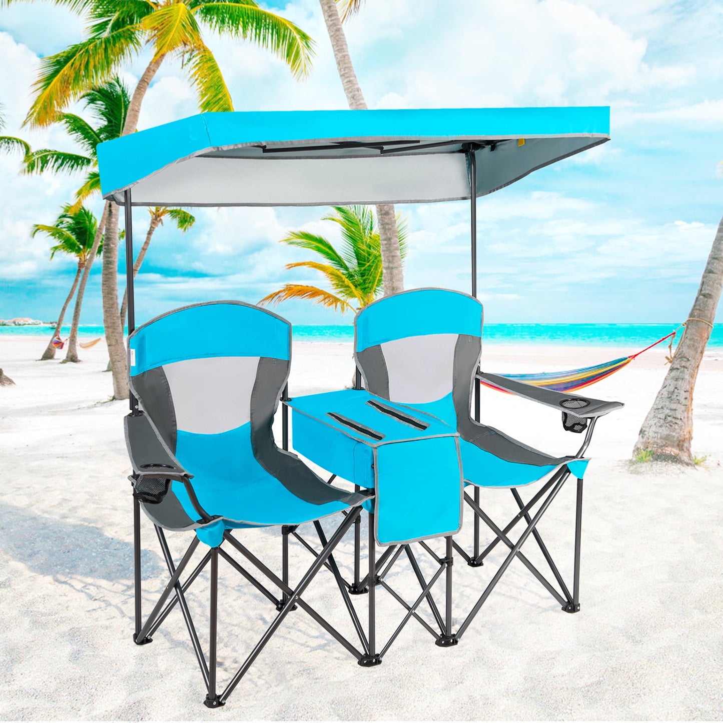 Gymax Folding 2-person Camping Chairs Double Sunshade Chairs w/ Canopy Patented Blue