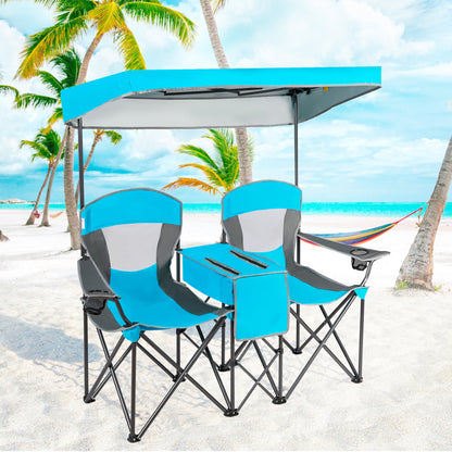 Gymax Folding 2-person Camping Chairs Double Sunshade Chairs w/ Canopy Patented Blue