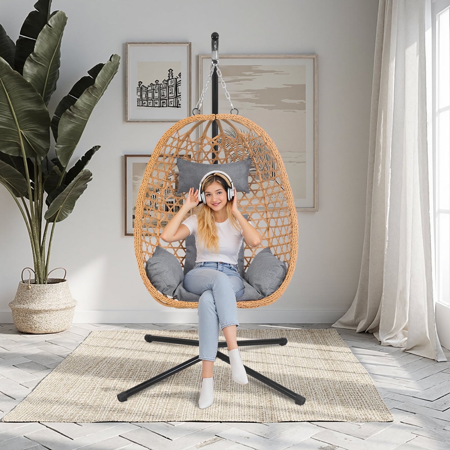 All-Weather Rattan Hanging Egg Chair with Stand & Cushions - Indoor/Outdoor Swing Chair for Patio Balcony Garden - Grey
