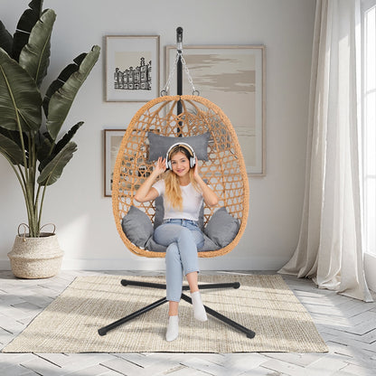 All-Weather Rattan Hanging Egg Chair with Stand & Cushions - Indoor/Outdoor Swing Chair for Patio Balcony Garden - Grey