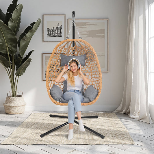 All-Weather Rattan Hanging Egg Chair with Stand & Cushions - Indoor/Outdoor Swing Chair for Patio Balcony Garden - Grey