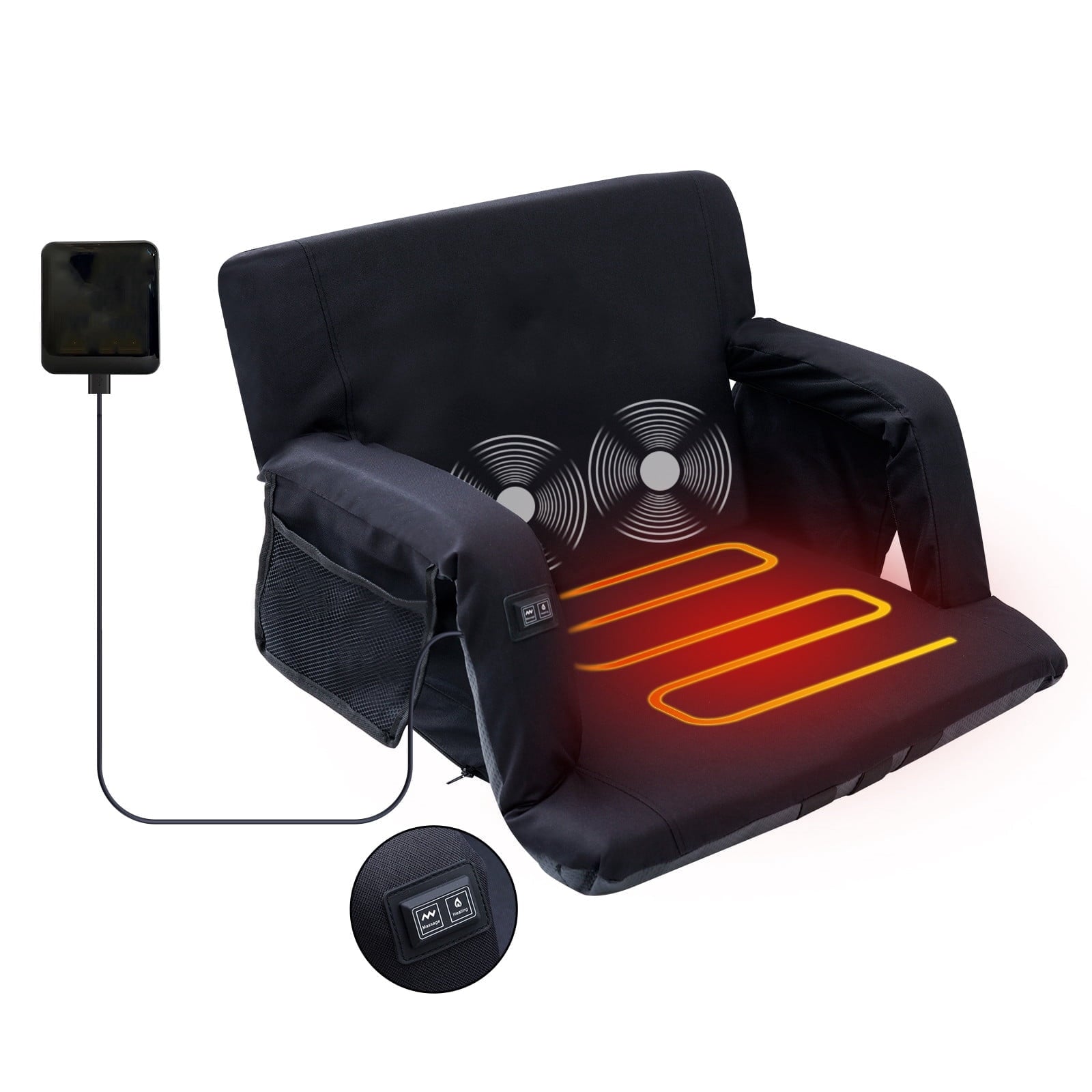 Heated Massage Stadium Seats, Floor Chair, Bleacher Chairs, Reclining Waterproof Cushion, Ultralight, Foldable, Extra Thick Padding, with Shoulder Straps & Side Pockets (Regular, Set of 1)