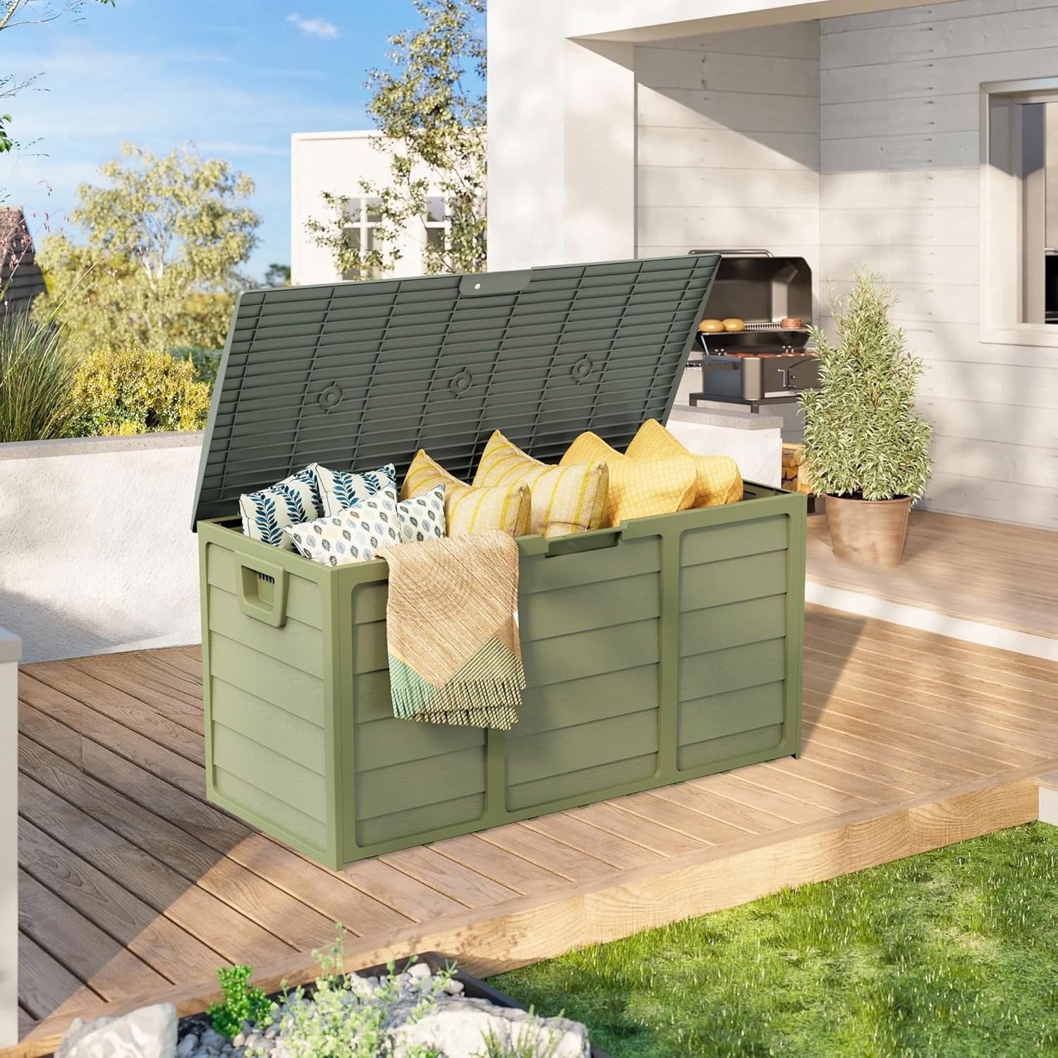 Marknig 75 Gallon Deck Box, Indoor Outdoor Storage Box for Patio Furniture, Pool Accessories, Garden Tools, Sports Equipment, Waterproof Resin Rattan Box with Lockable Lid and Side Handles, Green