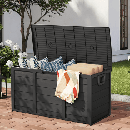 Marknig 75 Gallon Deck Box, Indoor Outdoor Storage Box for Patio Furniture, Pool Accessories, Garden Tools, Sports Equipment, Waterproof Resin Rattan Box with Lockable Lid and Side Handles,Black