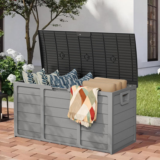Marknig 75 Gallon Deck Box, Indoor Outdoor Storage Box for Patio Furniture, Pool Accessories, Garden Tools, Sports Equipment, Waterproof Resin Rattan Box with Lockable Lid and Side Handles, Gray