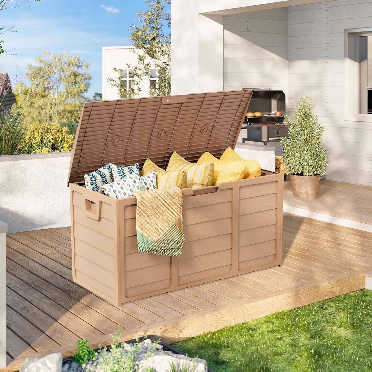 Marknig 75 Gallon Deck Box, Indoor Outdoor Storage Box for Patio Furniture, Pool Accessories, Garden Tools, Sports Equipment, Waterproof Resin Rattan Box with Lockable Lid and Side Handles, Brown