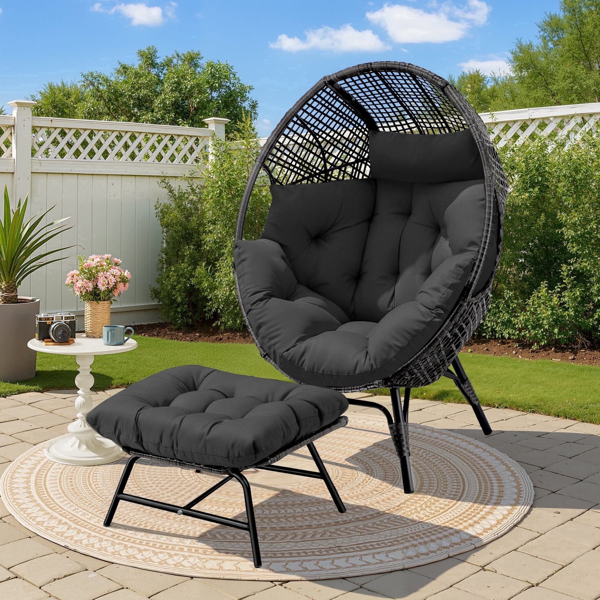 RADIATA Oversized Patio Egg Chair with Footrest, Dark Gray Rattan Outdoor Lounge Chair with Cushion
