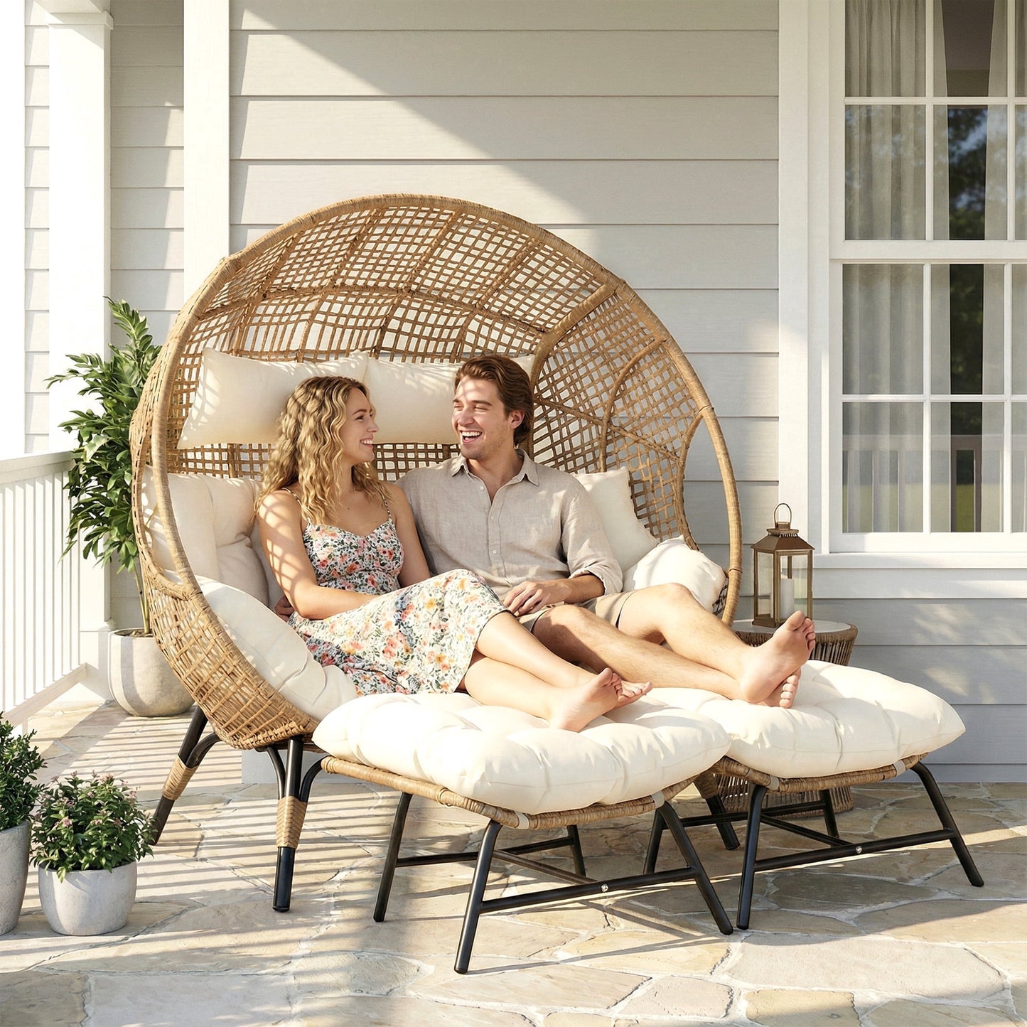 RADIATA Two Person Egg Chair with Ottomans Outdoor Wicker Patio Egg Chairs with Footrests for Indoor Bedroom Outside Porch Deck Backyard Garden (Beige,Oversized,Double)