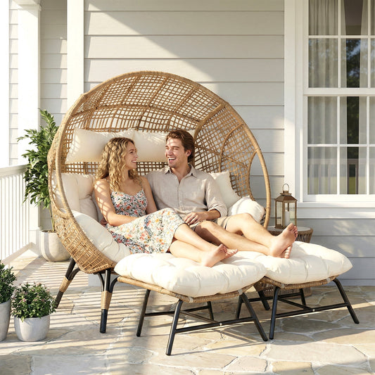 RADIATA Two Person Egg Chair with Ottomans Outdoor Wicker Patio Egg Chairs with Footrests for Indoor Bedroom Outside Porch Deck Backyard Garden (Beige,Oversized,Double)