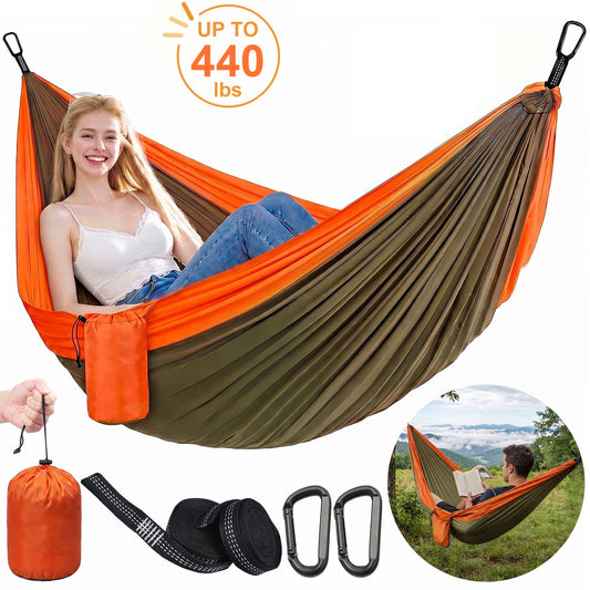 NOCOEX Camping Hammock 440lbs with Two 10ft Tree Straps, 2 D-Carabiners & Side Pocket, Parachute Nylon Portable Lightweight Hammock for Travel, Hiking, Backpacking, Beach (Orange)