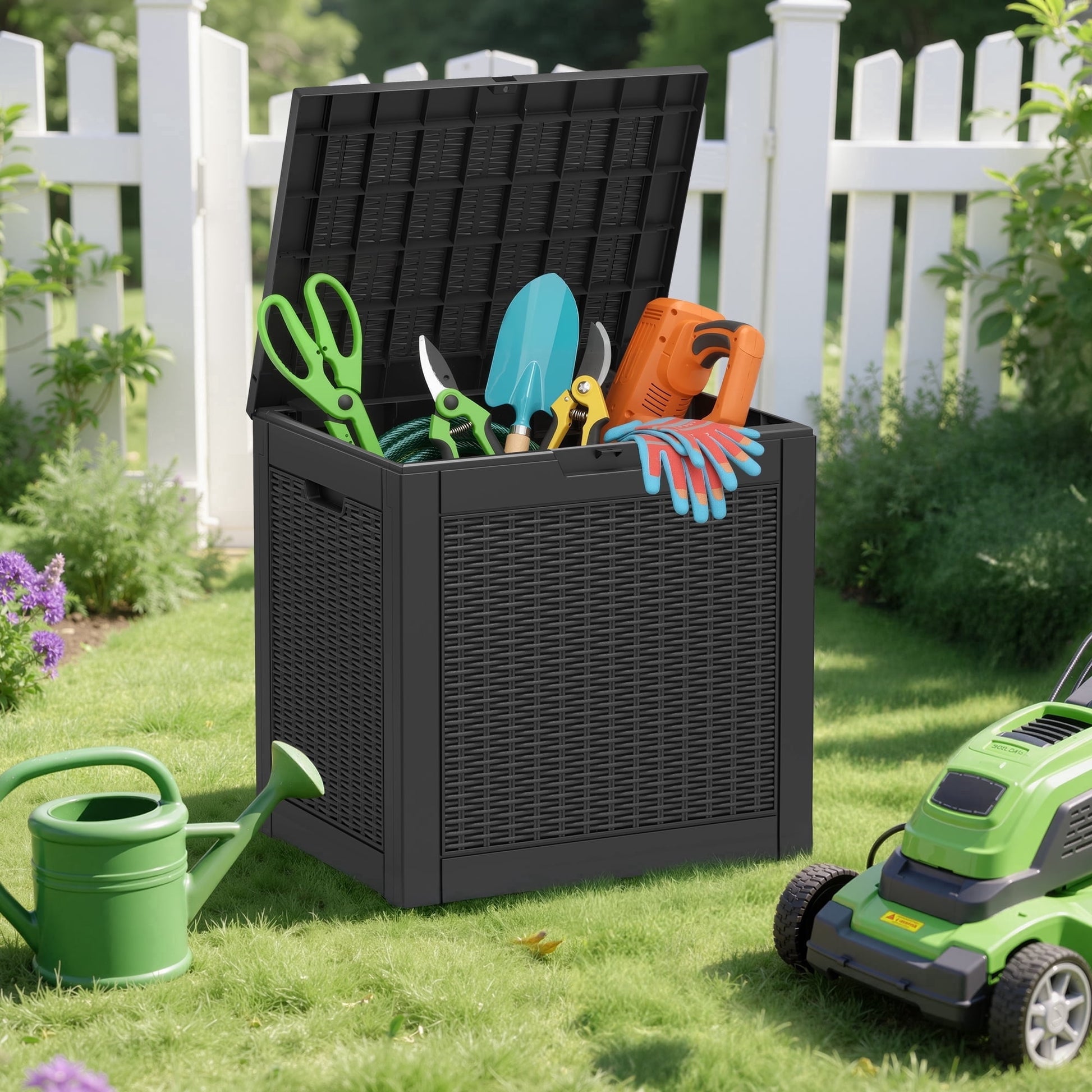 Nihsuao 31-Gallon Outdoor Deck Box, Resin Woven-Pattern Storage Box with Seat, Waterproof and UV Resistant for Garden Tools, Supplies, Toys, Black