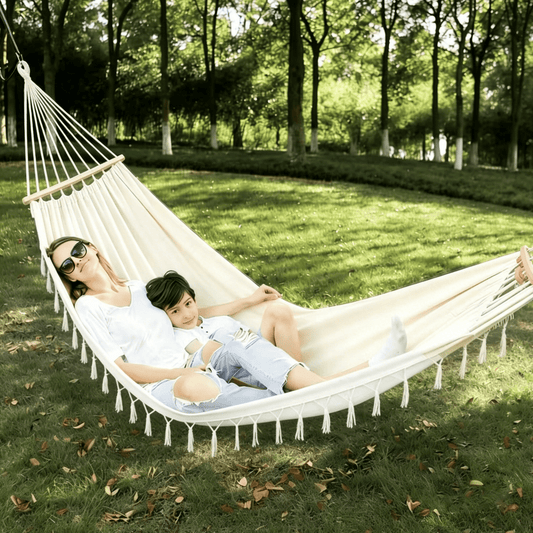 Oaskys Bohemian Style Hammock with Tassels – Handmade Rope Hammock with Wooden Spreader Bars, Heavy Duty Hanging Hammock for Outdoor Garden, Patio and Backyard