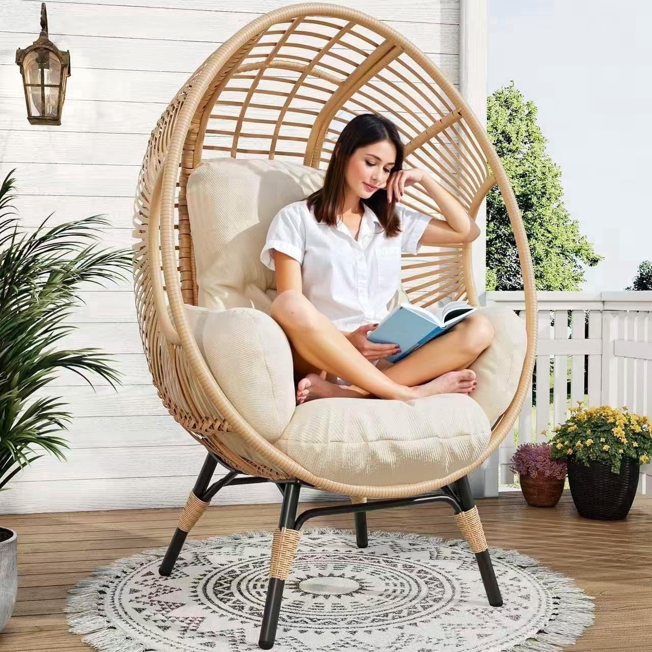 TQKVIPI Oversized Egg Chair Outdoor Indoor,Patio Lounge Chair with Thicken Cushions & Durable Steel Frame, Egg Basket Chair 500lbs Capacity for Garden, Backyard, Porch,Bedroom (Beige-Regular)